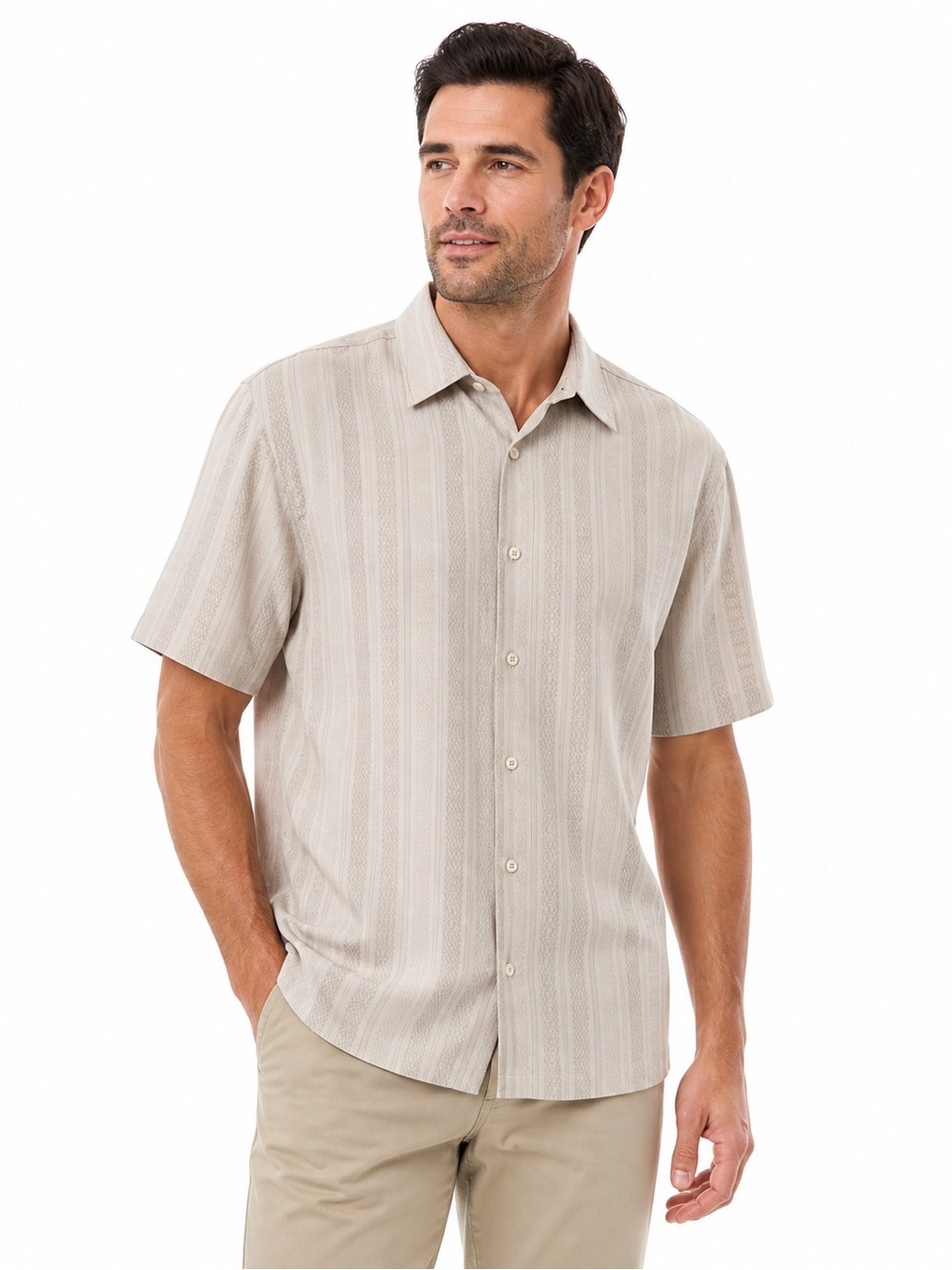 Alfani Beige Short Sleeve Button Up Shirt Textured Stripe Casual Workwear Mens L